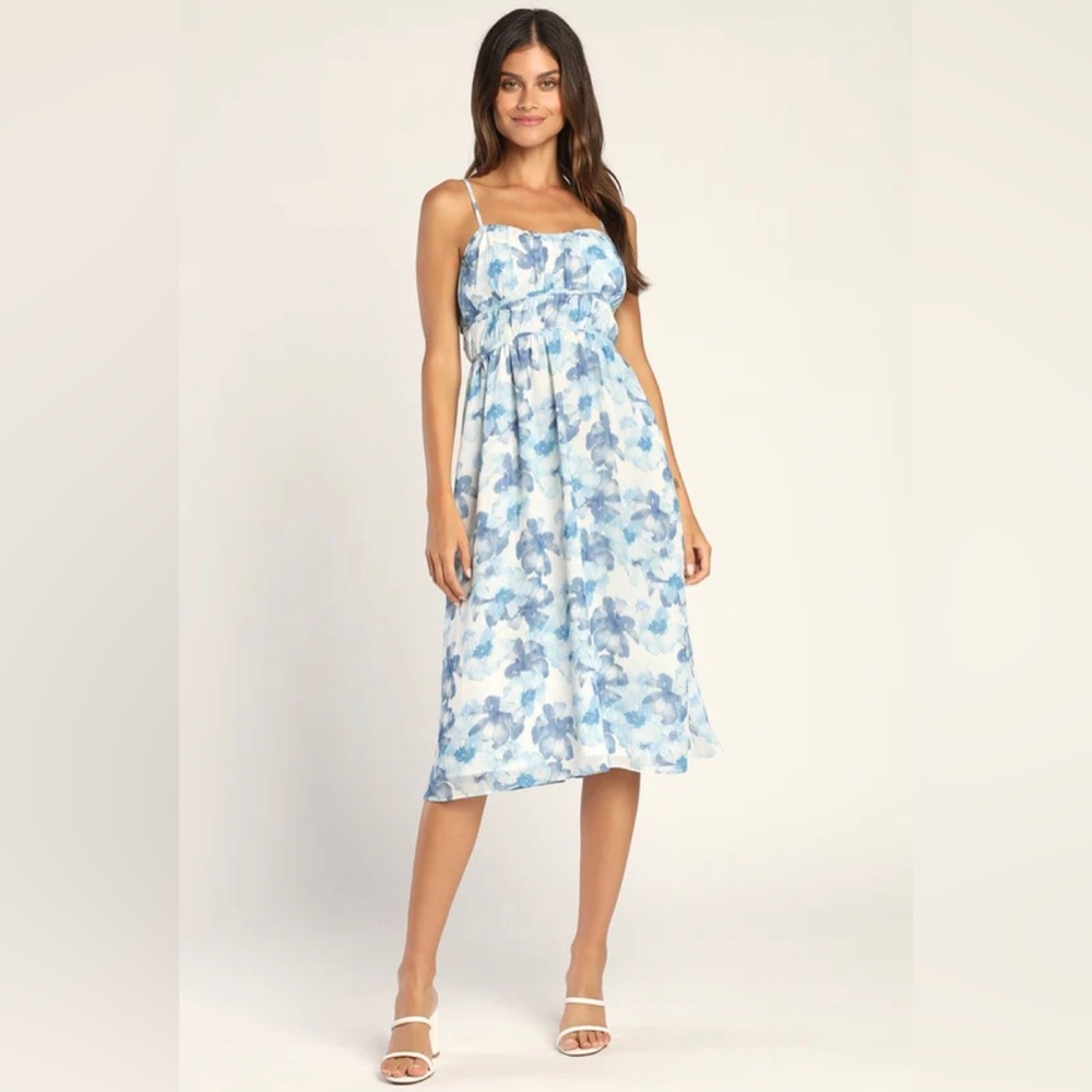 Lulu’s Florally Fantastic Blue Floral Print Lurex Midi Dress, size XL
